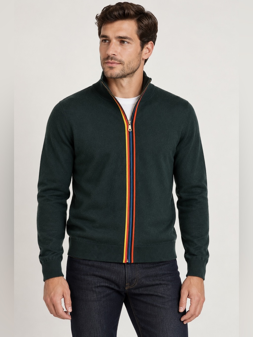 Paul Smith Merino Wool Full Zip Artist Stripe-Embellished Fine-Knit Cardigan M